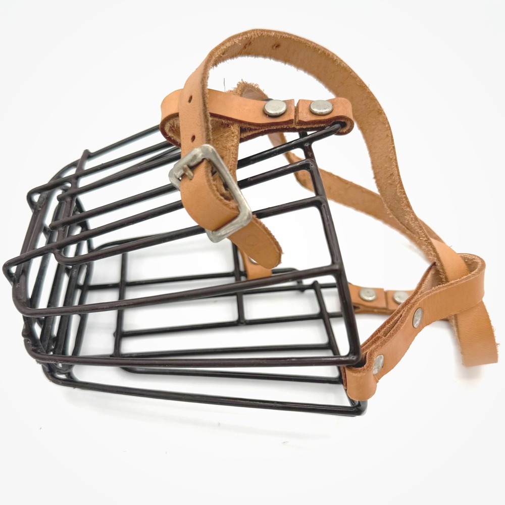 Vintage Wire Basket Dog Muzzle Leather Straps Metal Cage Adjustable Primitive